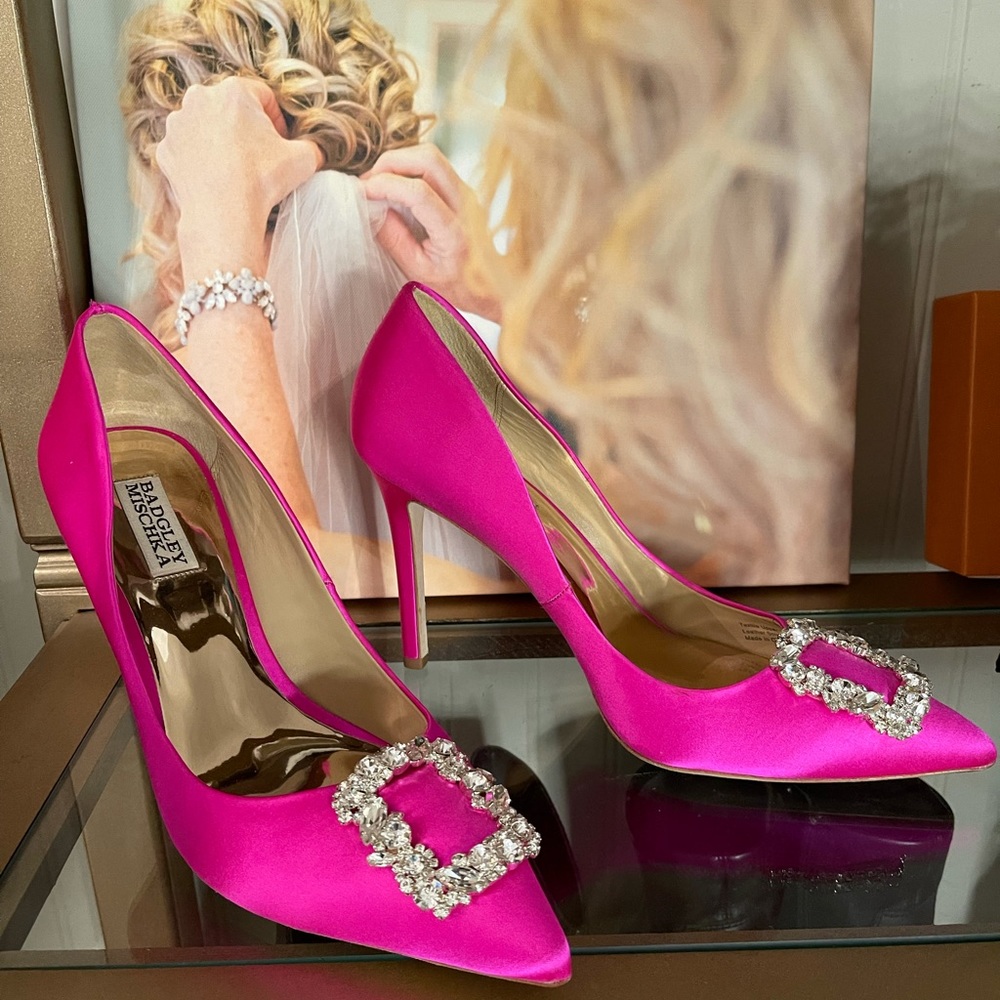 Badgley Mischka Pink Satin Pumps With Crystals